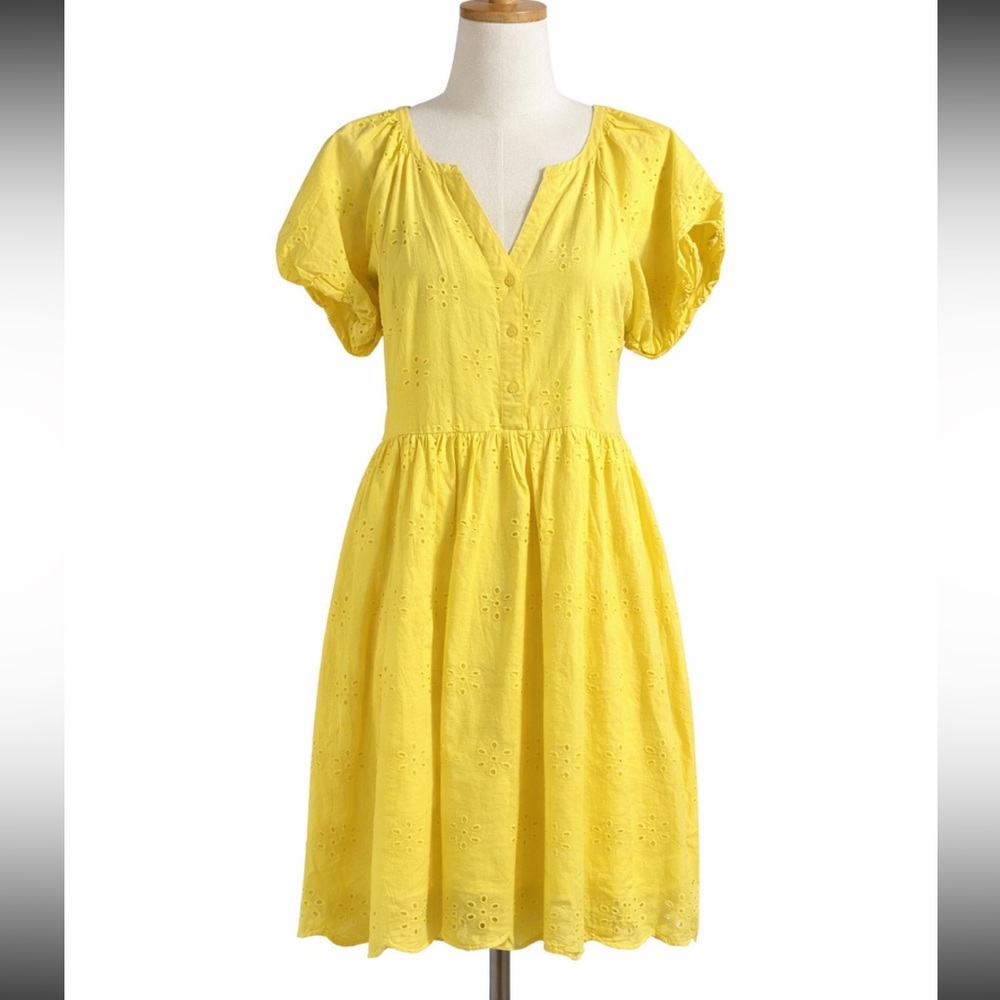Peyton & Parker Eyelet Short Sleeve Womens Yellow Peasant Lined Minimalist Dress